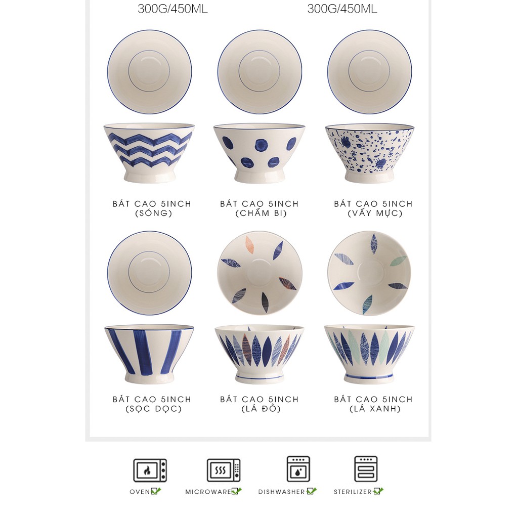 Chén gốm sứ phong cách Nhật Bản, chén cao, 6 họa tiết siêu xinh.