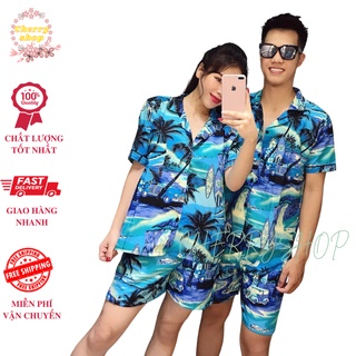 ĐỒ ĐÔI NAM NỮ ĐI BIỂN VẢI KATE THÁI LOẠI 1 MẪU CÂY DỪA NỀN XANH SIÊU HOT