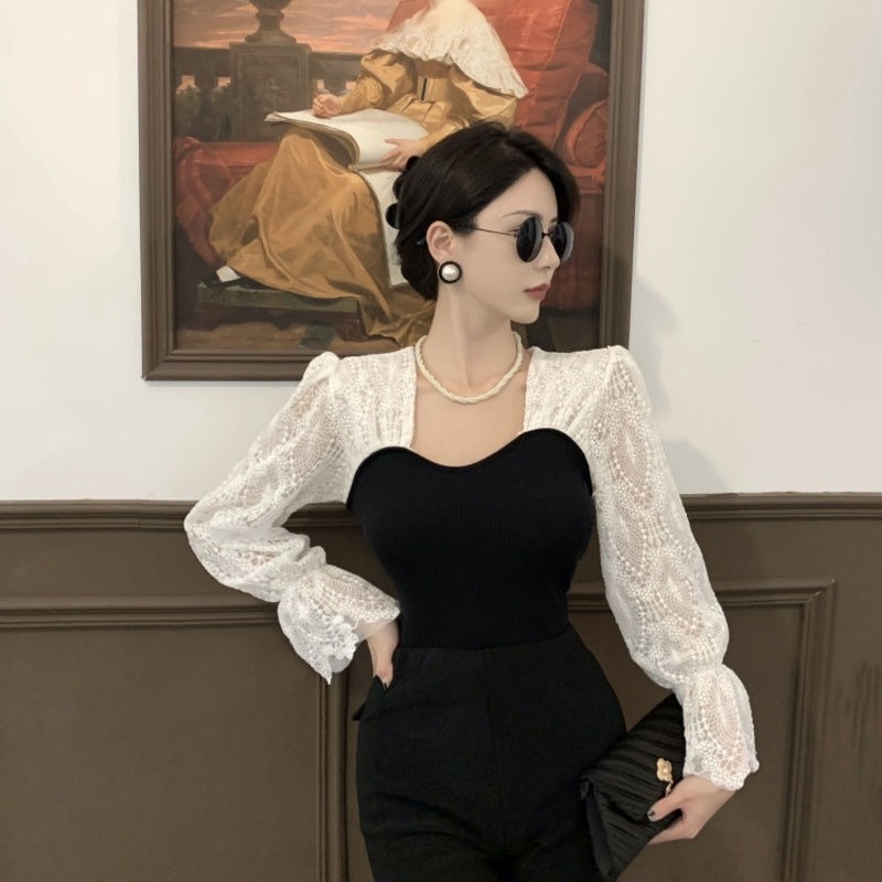 Áo dệt kim phối ren thời trang mùa thu mới dễ phối đồ dành cho nữ