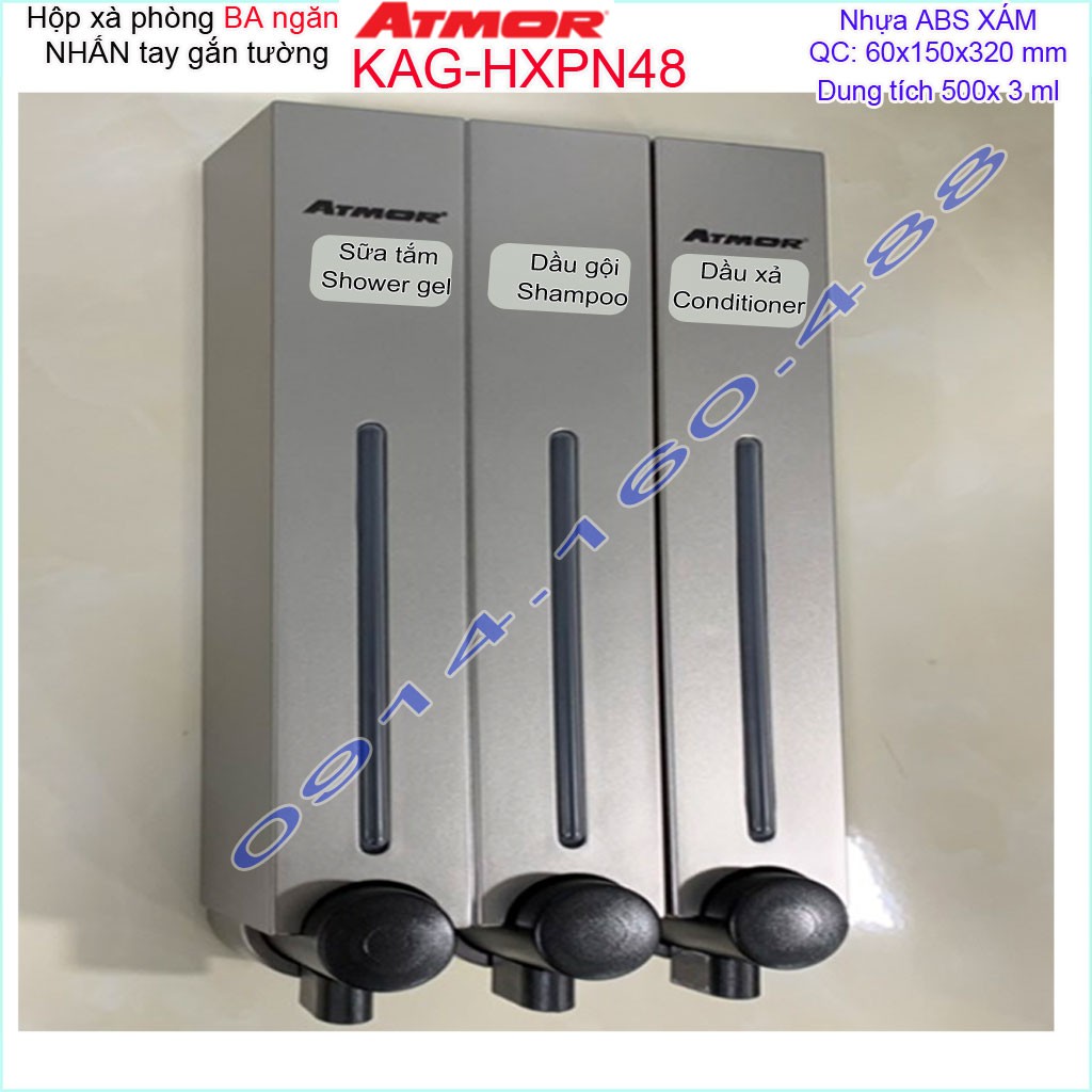 Hộp nhấn xà phòng Atmor KAG-HXPN48-grey xám, bình xịt xà bông 500ml x3 thiết kế sang trọng nhấn êm siêu bền