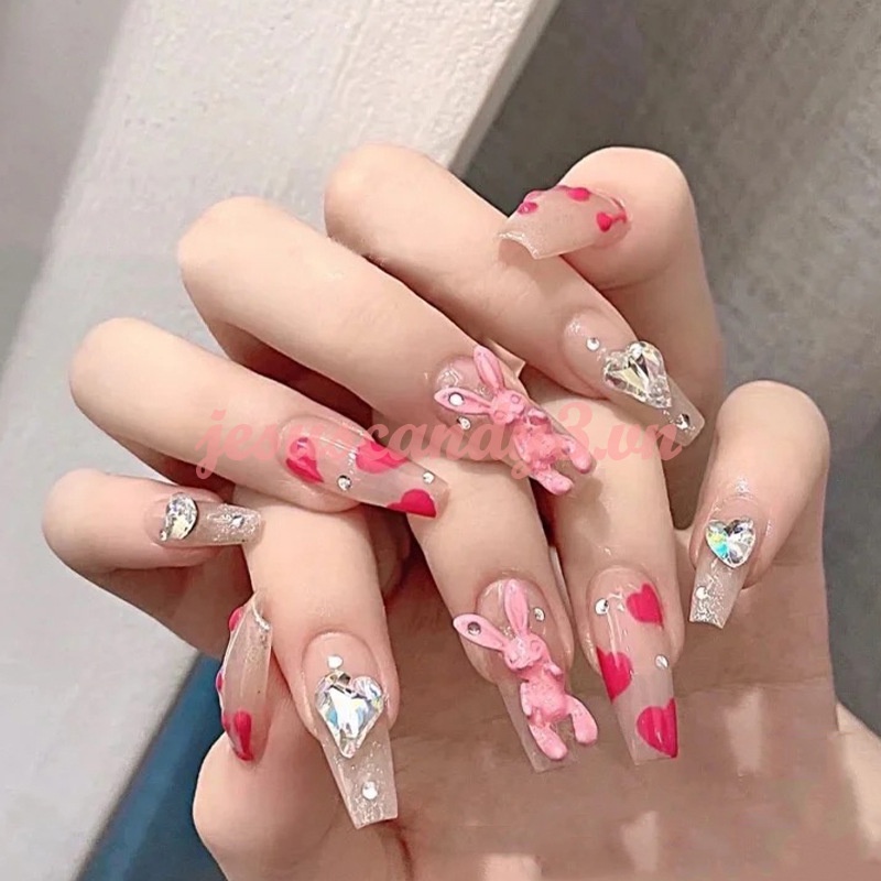 Set 24 móng tay giả màu hồng trang trí hình thỏ dễ thương