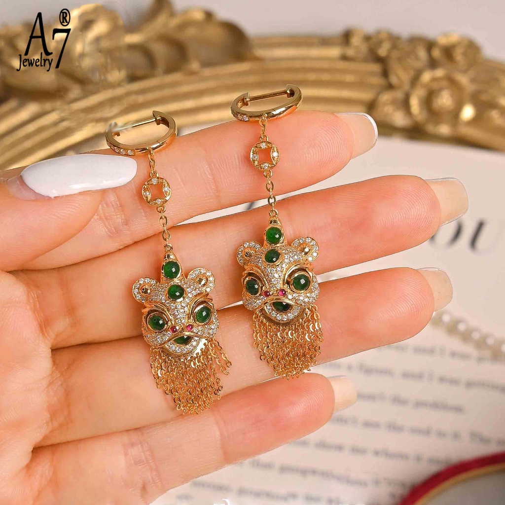 Bộ Vòng cổ + Khuyên Tai Kiểu Mở Hình Sư Tử Cổ Điển A7 18K