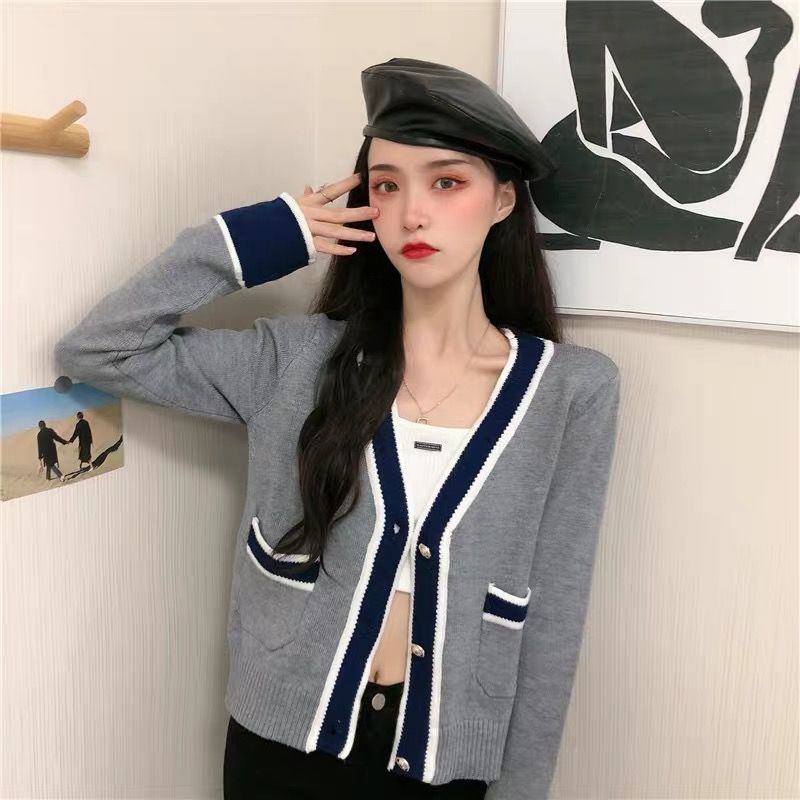 Áo khoác cardigan dệt kim cổ chữ V phong cách Pháp thời trang dành cho nữ