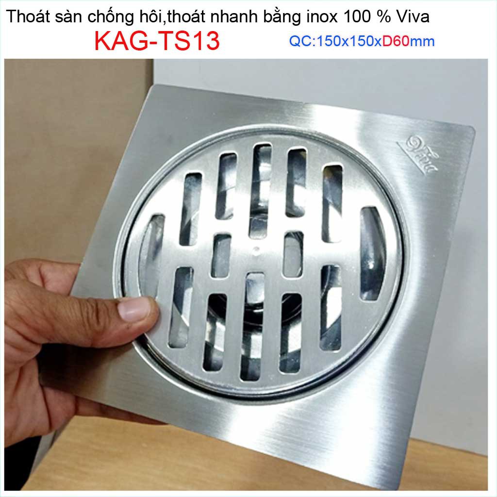 Hố ga thoát sàn Viva ống D60-6cm Inox mờ, phễu thoát nước chống hôi D60 vuông 15x15cm KAG-TS13