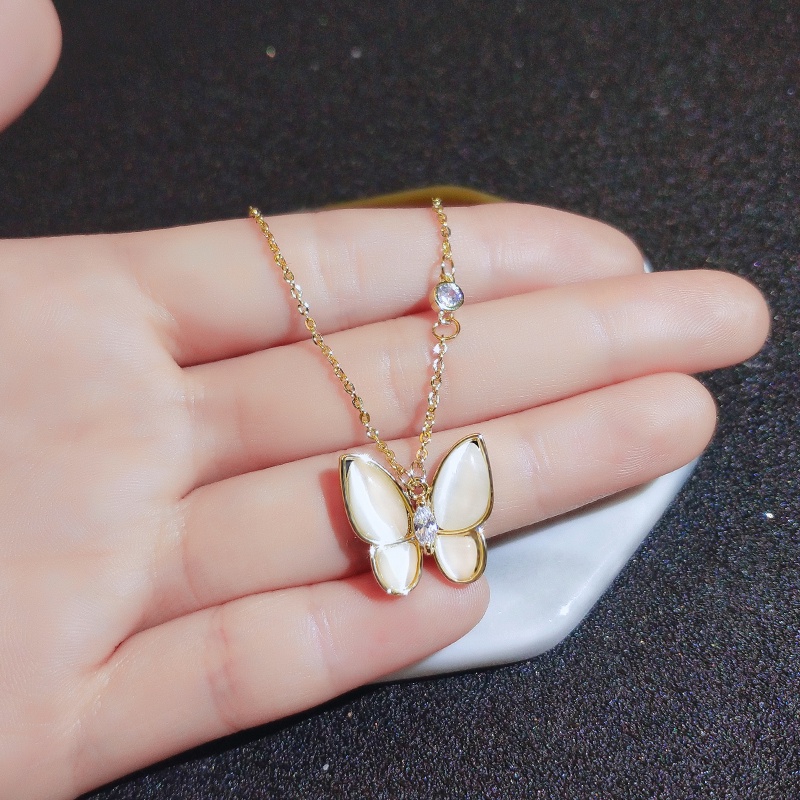Dây Chuyền Mạ Vàng 18K Mặt Hình Bướm Đính Đá Opal Thanh Lịch Cho Nữ