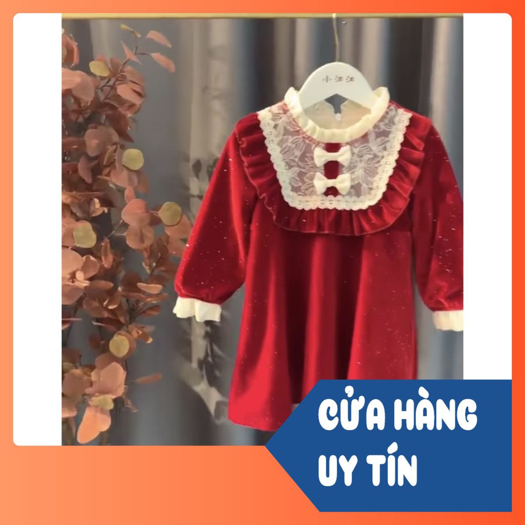 VÁY NHUNG ĐỎ 3 CÚC PHỐI CỔ REN BÈO BÉ GÁI