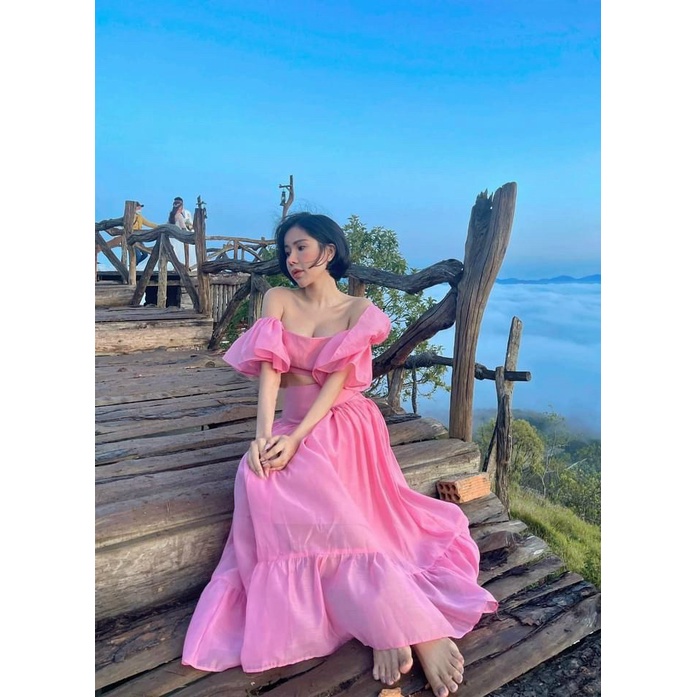 Sét Bộ 2 Món Áo Trễ Vai Kết Hợp Váy Xòe 2 Màu Chất Lụa Có Mút Ngục Mặc Đẹp Dáng Xinh [NEW UNISEX]