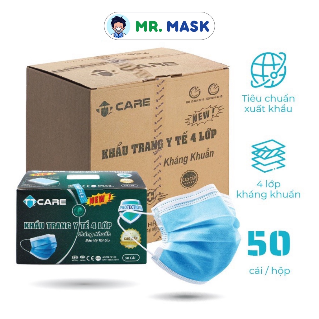 Thùng Khẩu Trang Y Tế 4 Lớp Kháng Khuẩn Hộp 50 Cái TT Care Giá Sỉ, Thùng 50 Hộp 2500 Cái, Màu Trắng, Xanh Xám