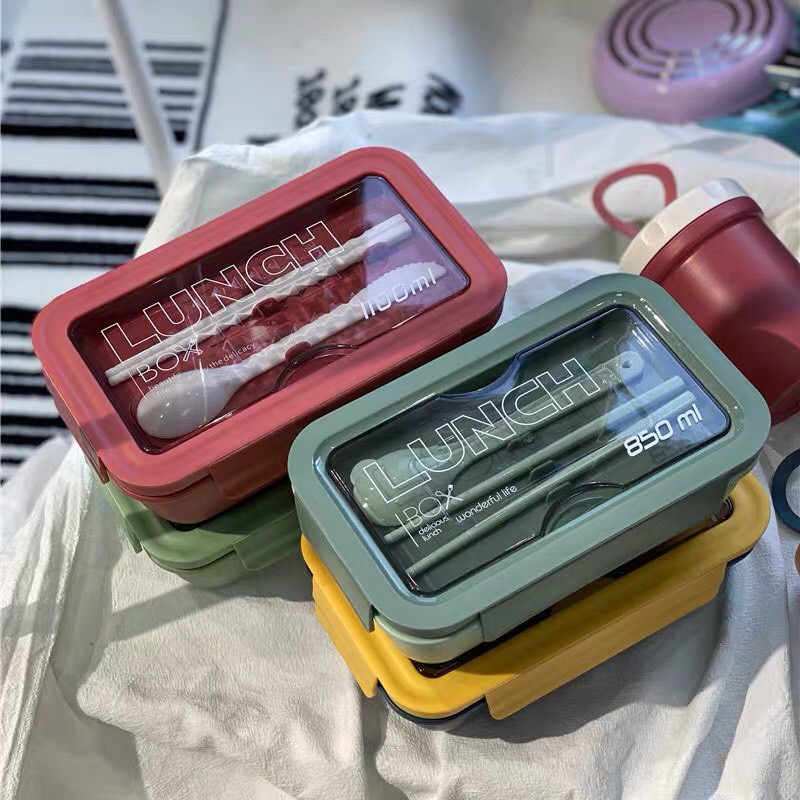 Hộp cơm văn phòng giữ nhiệt 2 ngăn Lunch Box 1100ml tặng kèm đũa thìa lúa mạch | BigBuy360 - bigbuy360.vn