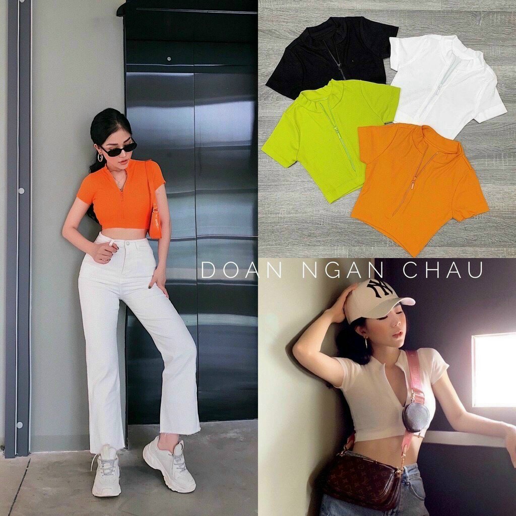 Áo croptop ôm - áo crt tay ngắn cổ trụ phối khóa kéo