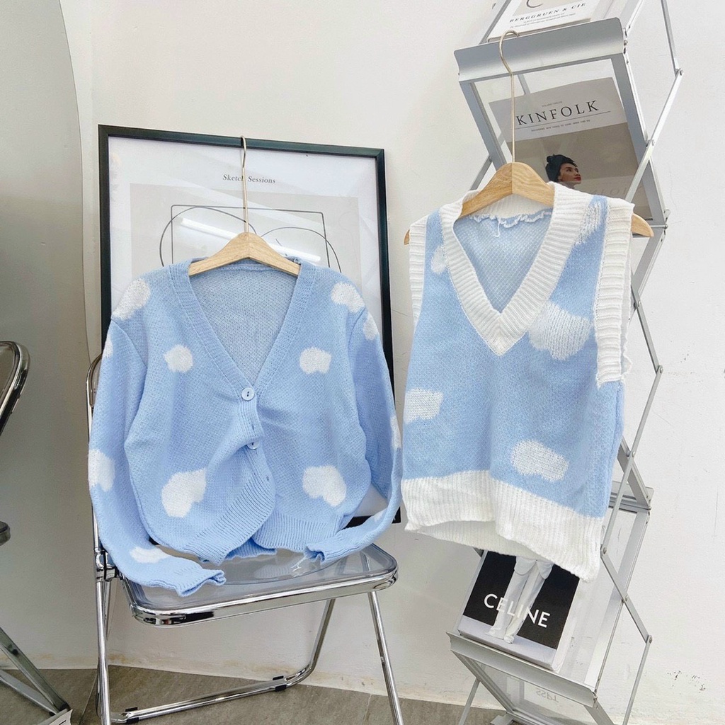 Set áo ghile và áo khoác len dệt hoạ tiết mây NPSET017
