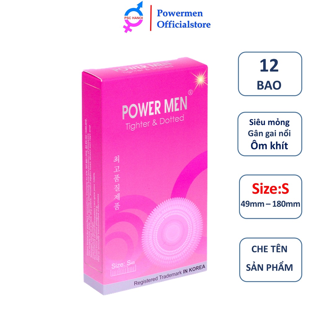 Bao cao su Powermen Tighter & dotted dáng ôm khít 3D chống tuột có gân gai nổi tăng khoái cảm size nhỏ 49mm 12 chiếc