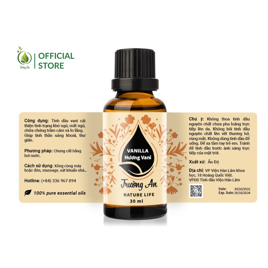 Tinh dầu Vani Vanilla Trường An Natural Life, xuất sứ thiên nhiên không pha tạp chất, có giấy kiểm định COA