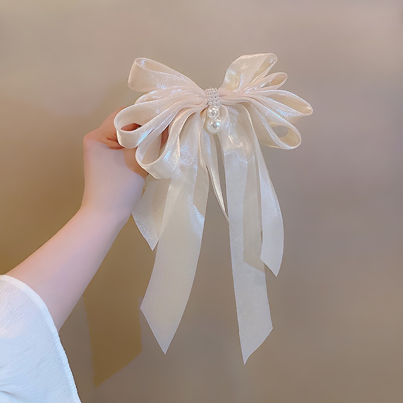 Dây Ruy Băng Cột Tóc Đính Nơ Ngọc Trai Lớn Thời Trang Dành Cho Nữ
