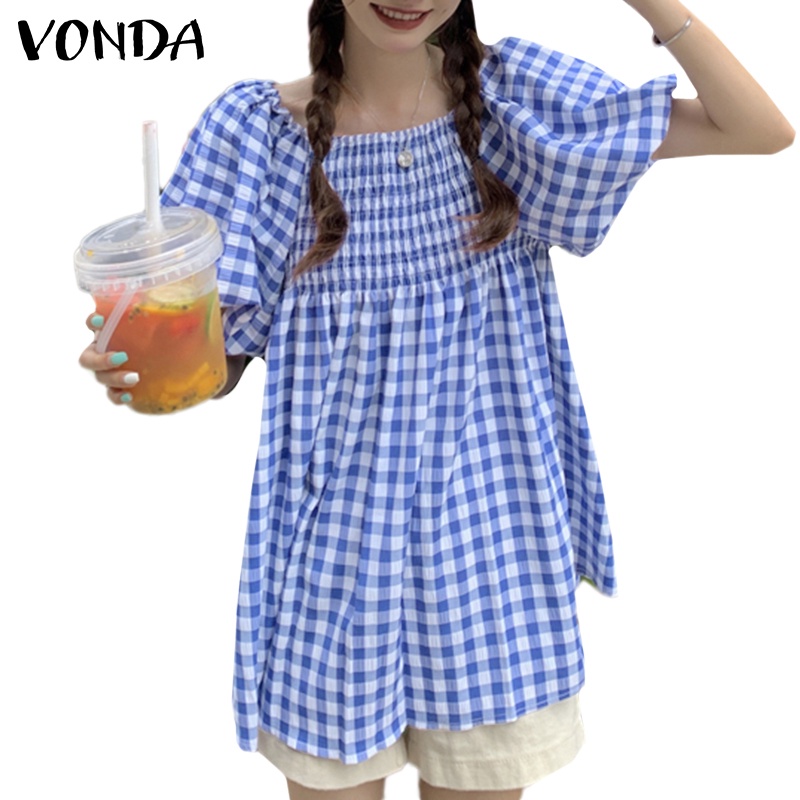 Đầm phồng mini VONDA tay ngắn trễ vai họa tiết sọc caro phong cách Hàn Quốc thời trang mùa hè cho nữ