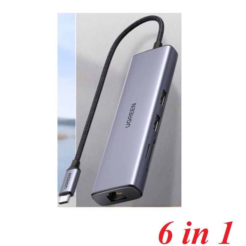 Ugreen 20954 4k 60hz 6 trong 1 gigabits Type C sang 2×USB 3.0 + HDMI + RJ45 10/100/1000Mbps + SD/TF 