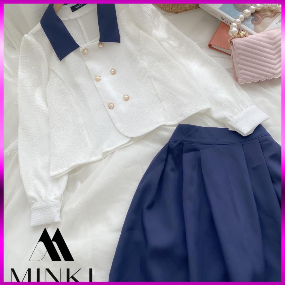 [HÀNG THIẾT KẾ] SET SƠ MI CÚC CHÂN VÁY XANH THAN CỔ ĐIỂN - CHẤT LIỆU CAO CẤP - PHỐI MÀU TRẮNG VÀ XANH ĐEN | BigBuy360 - bigbuy360.vn