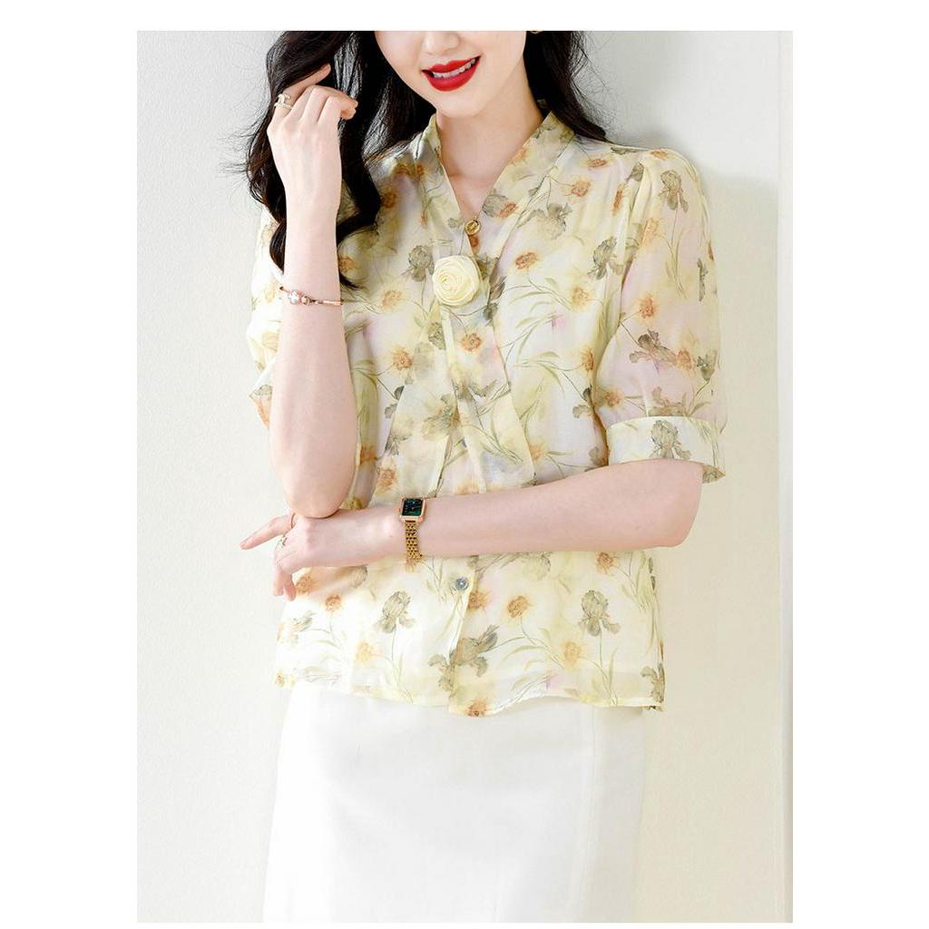 Áo Sơ Mi Chiffon Tay Ngắn In Họa Tiết Tranh Sơn Dầu Phong Cách Pháp Thời Trang 2023 Cho Nữ áo cr