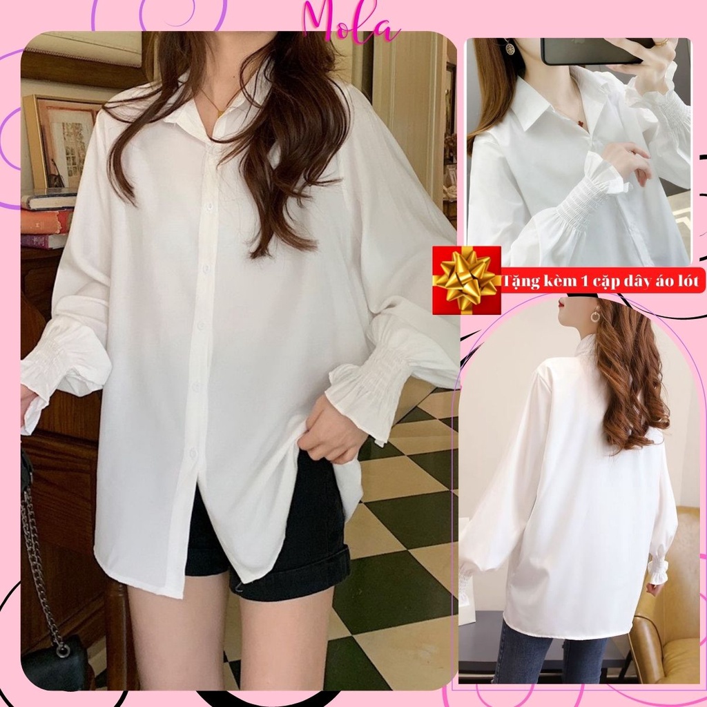 Áo Sơ Mi Nữ Form Rộng MOLA Tay Phồng Bo Chun 2 Màu Trắng Kem Và Trắng Tinh Hàng Thiết Kế Chống Nhăn Nhàu MA04 | BigBuy360 - bigbuy360.vn