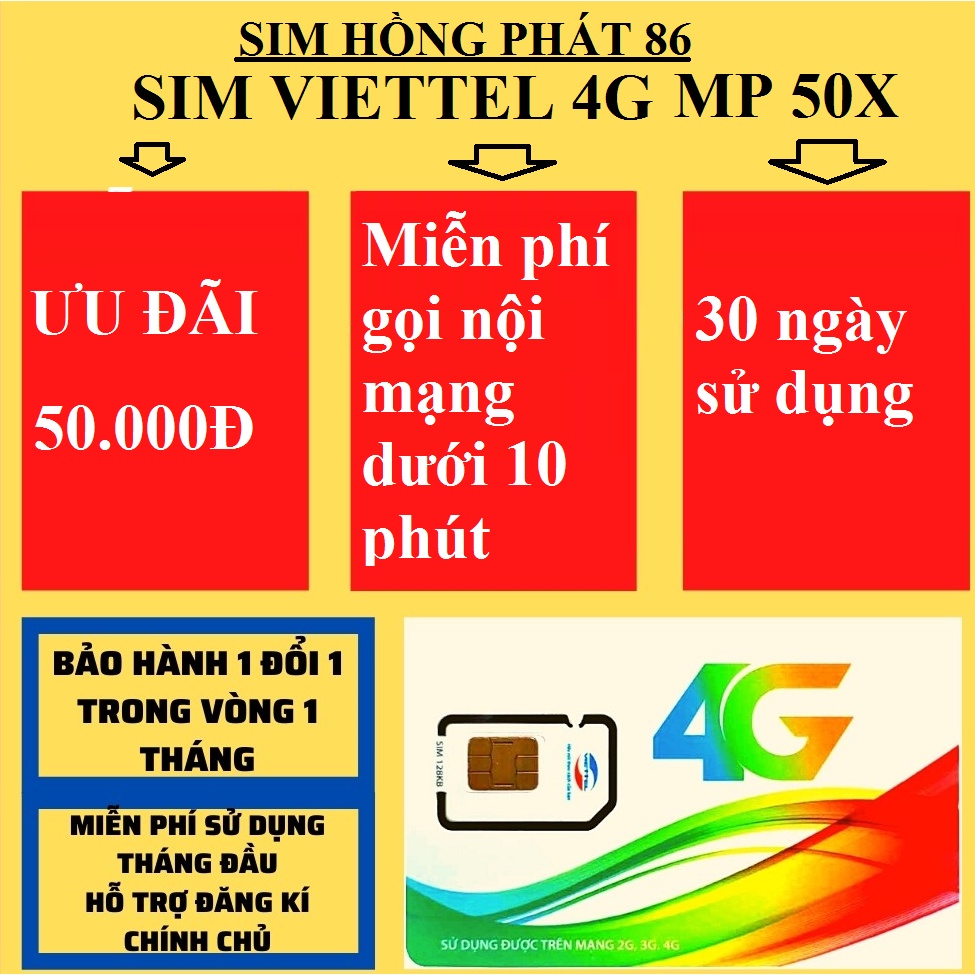 sim viettel 4G MP50X miễn phí cuộc gọi nội mạng dưới 10 phút tối đa 500 phút gọi trong tháng , sim gọi tư vấn bán hàng