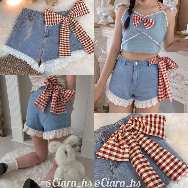 [Order] (I2) Quần short jeans Lolita phối ren thắt nơ đỏ loại đẹp