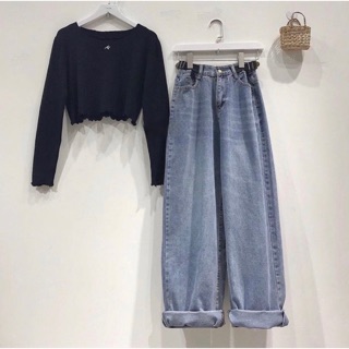 [ Sẵn ] quần jeans ulzzang có bigsize / quần bò ống rộng culottes thắt eo dáng dài rộng big size