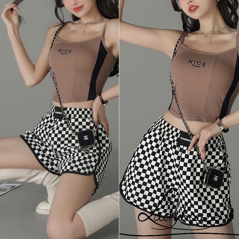 Ld-quần Short Thể Thao Eo Cao In Họa Tiết Kẻ Ô Hai Bên Có Túi Phong Cách Thể Thao Thời Trang Xuân Hè Dành Cho Nữ