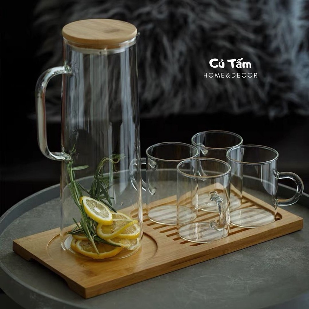 Bộ Bình nước thủy tinh nắp gỗ chịu nhiệt cao cấp - cutam.homedecor