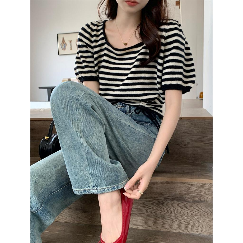 Áo Sweater Cổ Vuông Tay Phồng Họa Tiết Kẻ Sọc Phối Dây Rút Thời Trang Hàn Quốc 64087