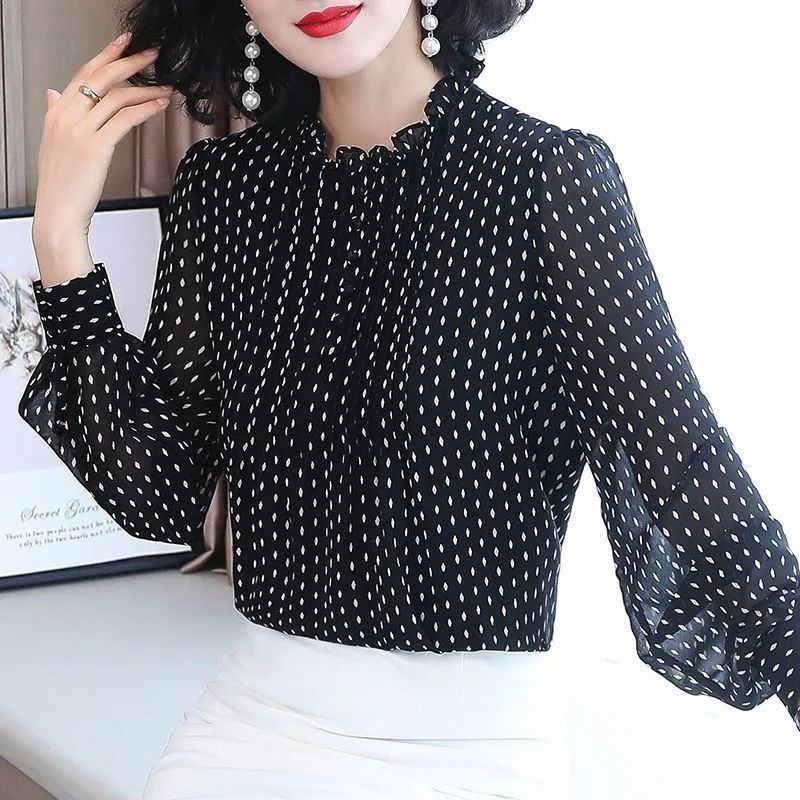 Áo Sơ Mi Chiffon Tay Dài Phồng Họa Tiết Chấm Bi Phong Cách Phương Tây Thời Trang Mùa Thu Mới Dành Cho Nữ