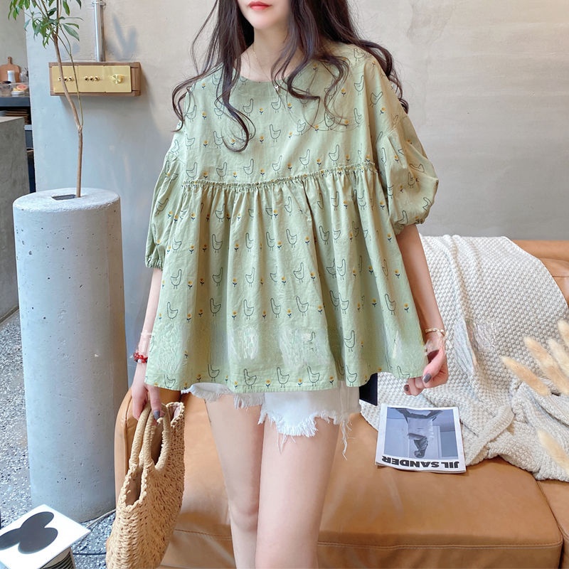 Áo Sơ Mi Tay Phồng Cổ Tròn Bằng Vải Lanh Cotton Họa Tiết Hoa Phong Cách Hàn Quốc Thời Trang Mùa Hè Mới Cho Nữ