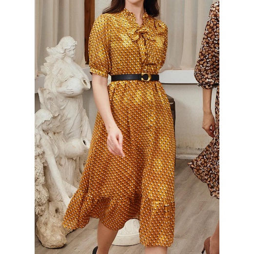 Đầm dáng xòe, cổ bèo, chun eo, đai tháo rời Emspo DM3901 (Vàng, Đen)