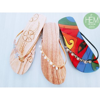 (Nhiều mẫu) Guốc gỗ trơn/chạm hoa/guốc vẽ đa sắc đế bằng quai kẹp lấp lánh