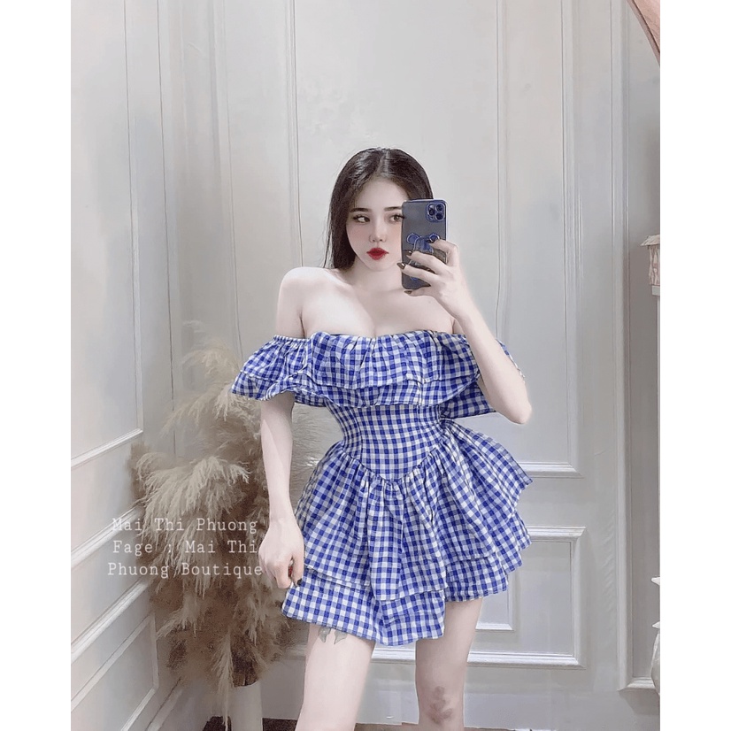 SÉT ĐẦM CARO TRỄ VAI PHỐI QUẦN LÓT TRONG KHÔNG SỢ LỘ TÔN DÁNG SÁNG DA