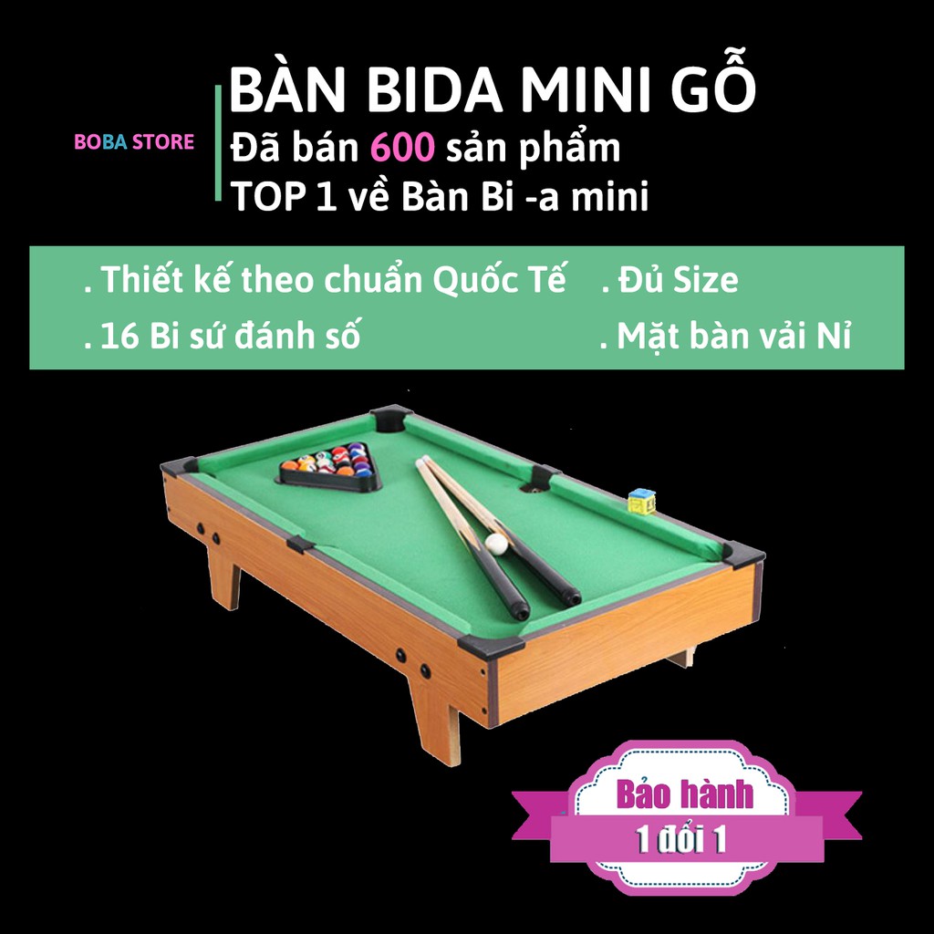 Bi A Mini Gỗ - Mặt bàn Vải Nỉ - Kích thước 51*31*10cm - 16 bi đánh số + 2 Gậy + 1 Tẩy