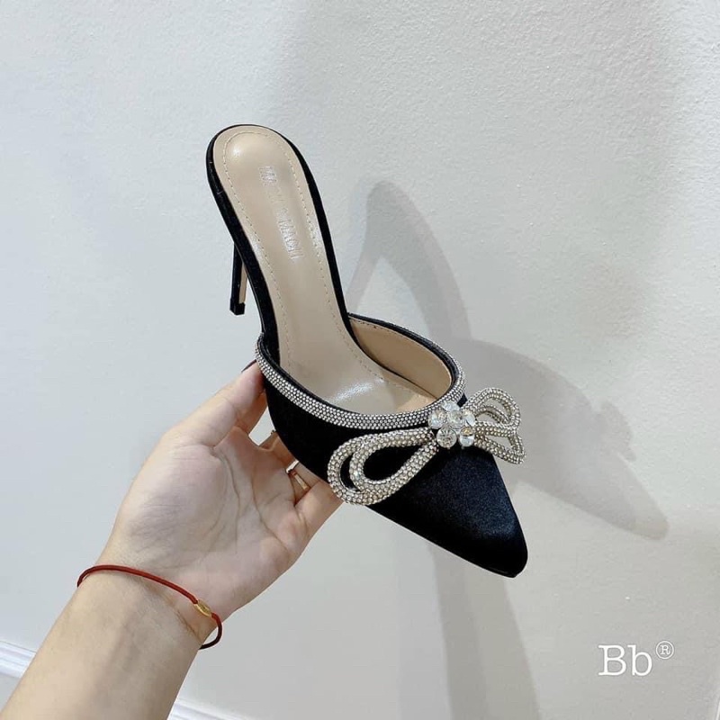 Sục cao gót viền nơ đá gót nhọn 9cm