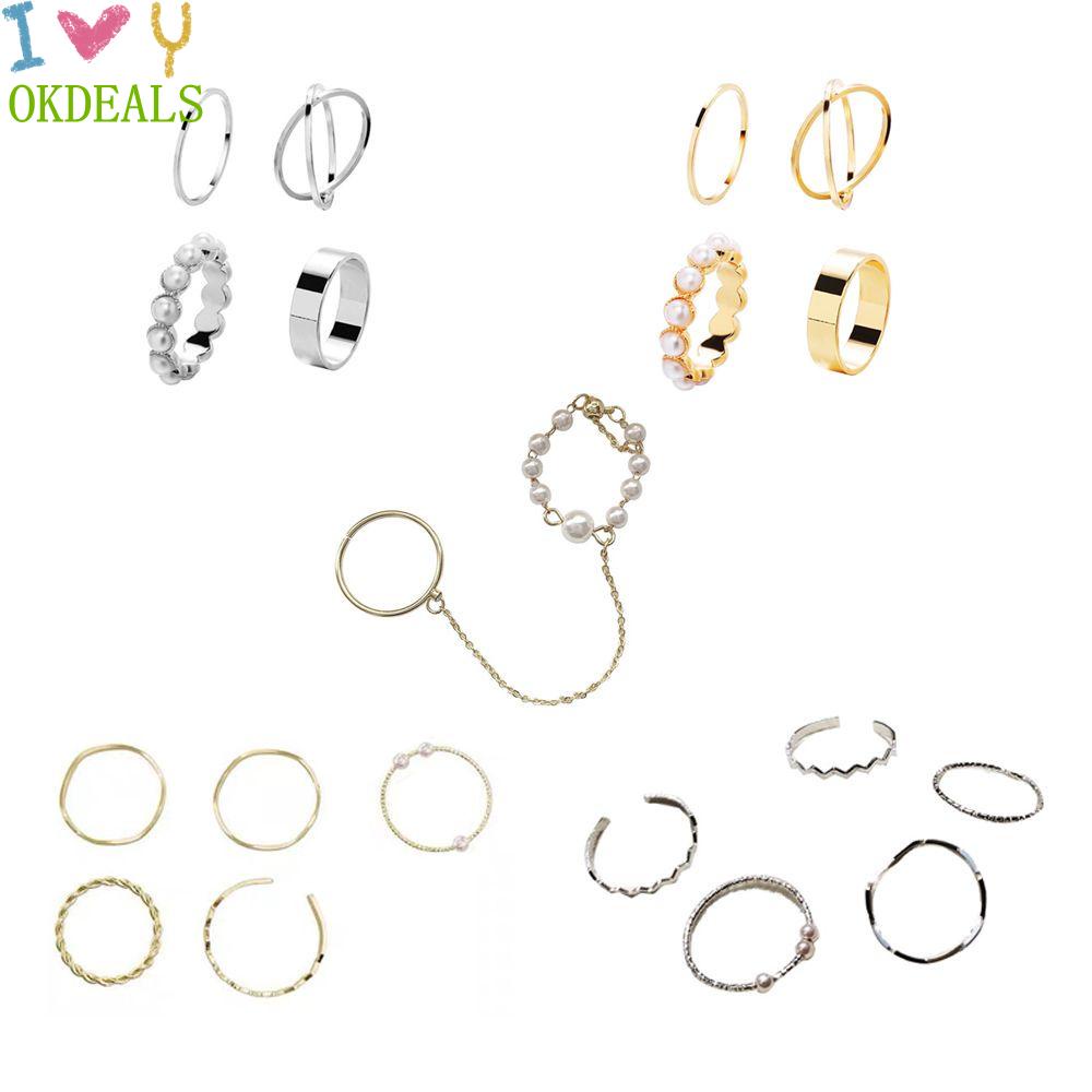 Okdeals 4 Cái|Bộ 5 Nhẫn Hở Thời Trang Dự Tiệc Cưới Cho Nữ|Nhẫn Đính Ngọc Trai Đơn Giản Có Thể Điều Chỉnh