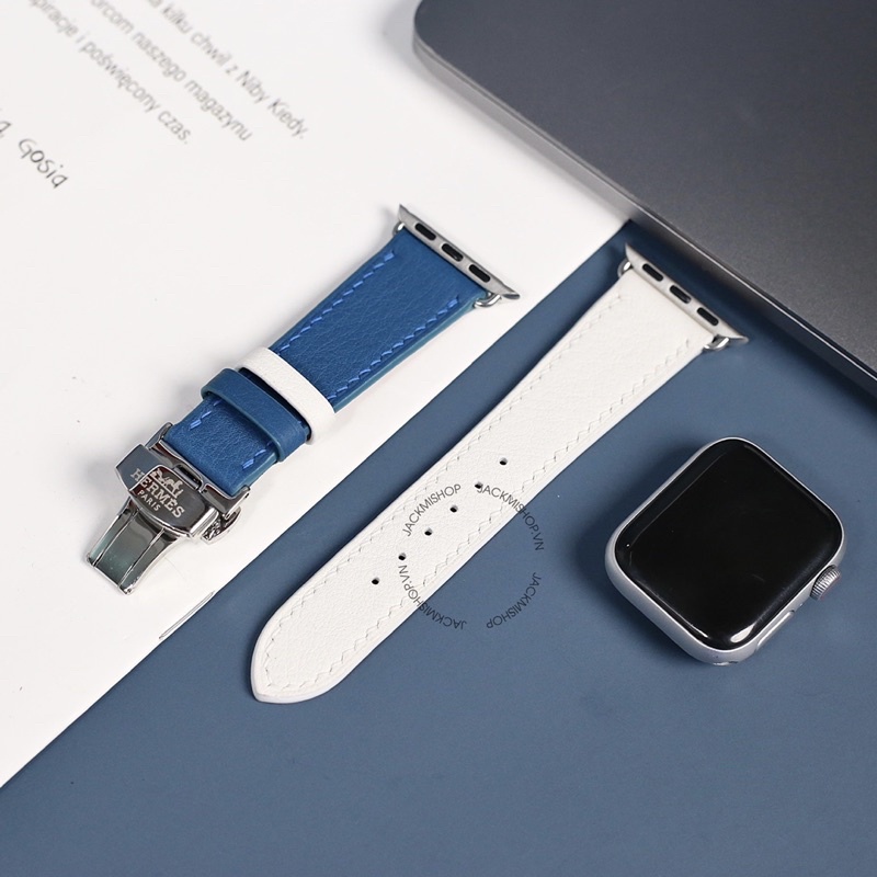 [DÂY DA THẬT] DÂY DA BÊ SWIFT MAY TAY THỦ CÔNG MÀU XANH NAVY/TRẮNG KHÓA BƯỚM CHO APPLE WATCH SERIES 1=&gt;6(BẢO HÀNH 1 NĂM)