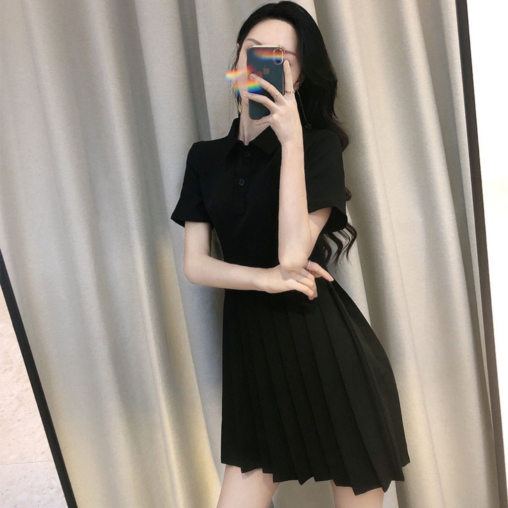 Váy Polo , Đầm Nữ Ngắn Xếp Ly , Dáng Xòe Màu Trơn , Chất Liệu Polyongester Cao Cấp Phong Cách Hàn Quốc