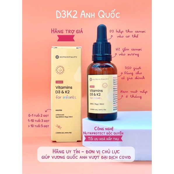 Vitamin D3 &amp; K2 MK7 cho bé Nutrivitality Anh D3K2 D3 K2 K2D3