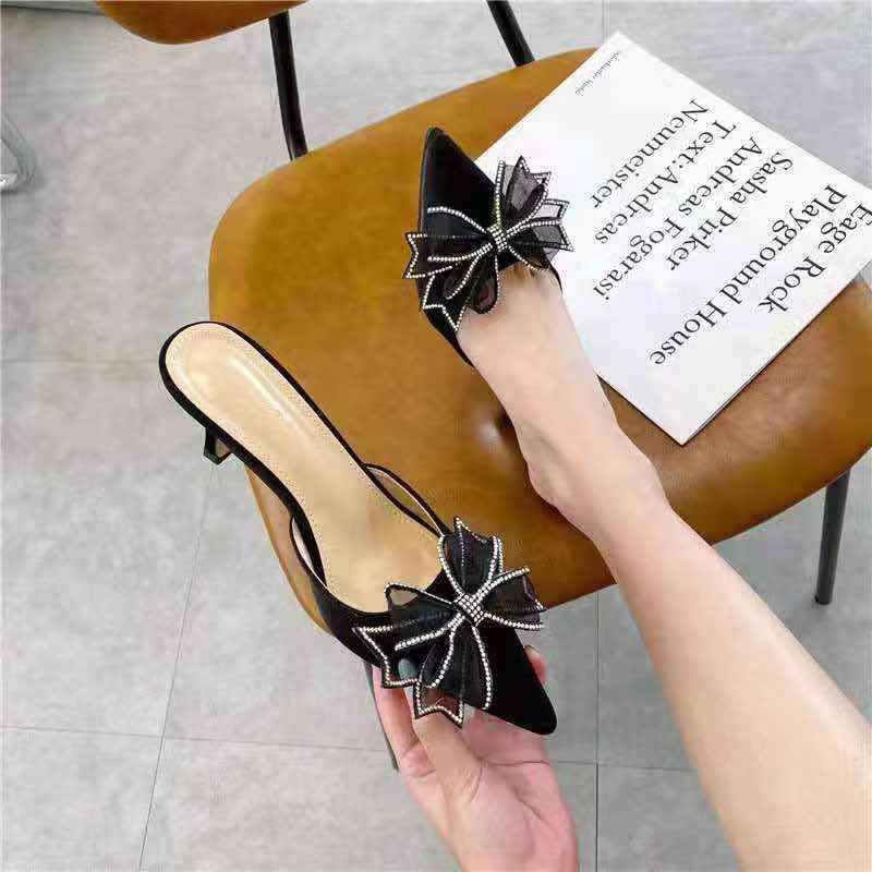 giày sục nữ cao gót 6cm quai nơ họa tiết sang chảnh mã LC02 M25