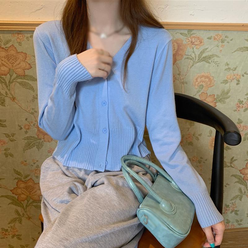 Áo cardigan dệt kim tay dài cổ chữ V màu sắc thanh lịch