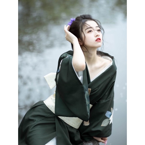 Kimono yukata nhật bản xanh lá đậm