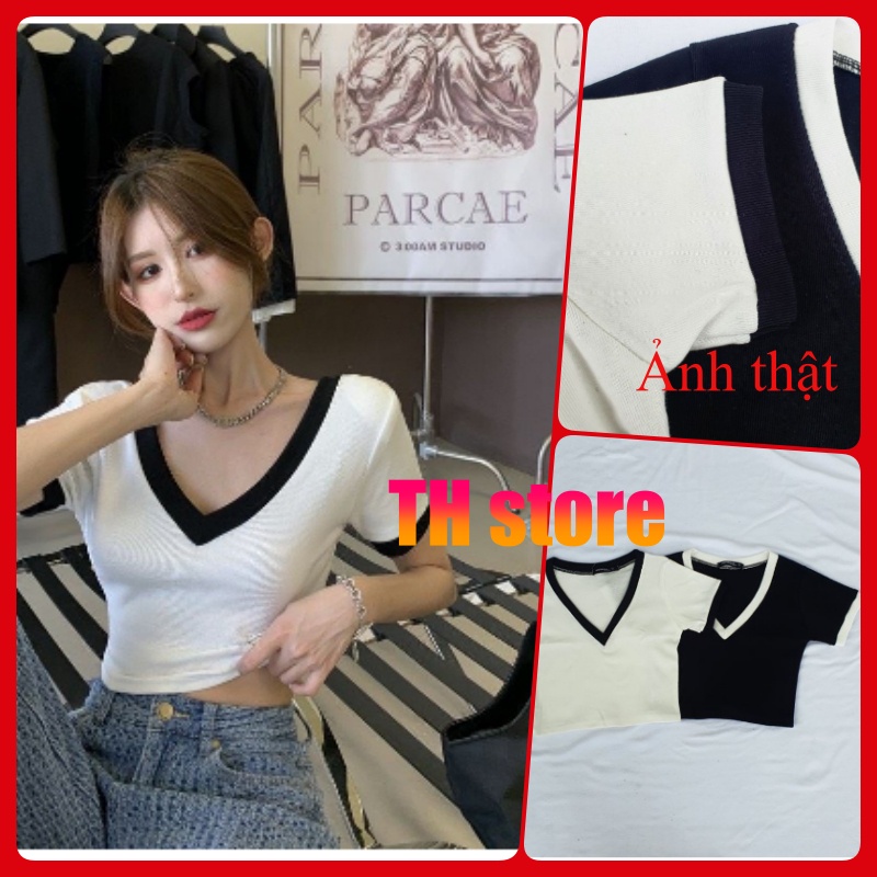 [MÃ TH6739 GIẢM 20% TỐI ĐA 30K ĐƠN TỐI THIỂU 500K]Áo Croptop trễ vai Cổ V Phối Màu