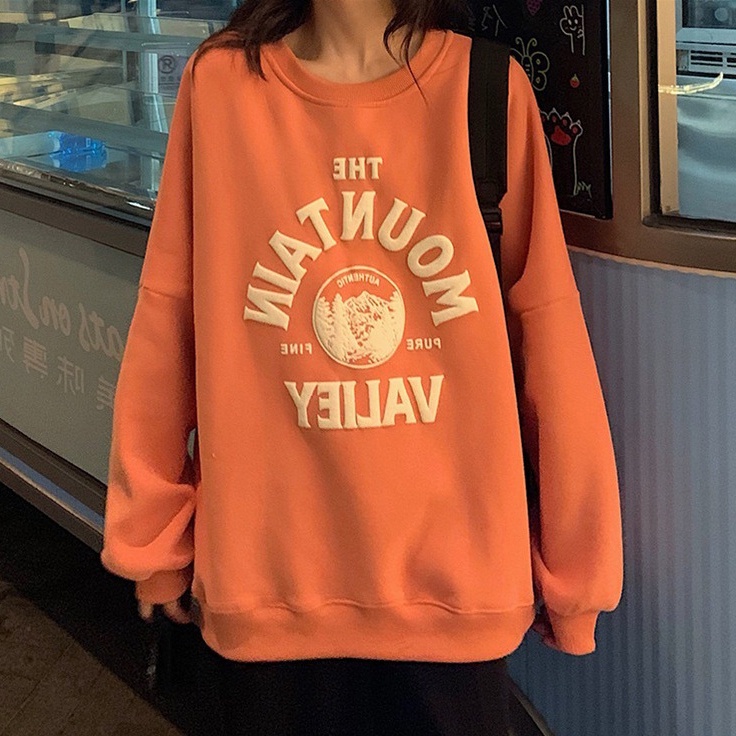 SUXI Áo Nỉ Tay Dài Cổ Tròn In Chữ Phong Cách Hàn Quốc