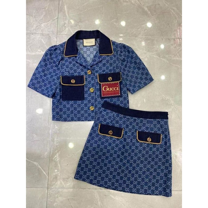 Set áo váy Gucci cổ sơ mi Croptop 2021 GG