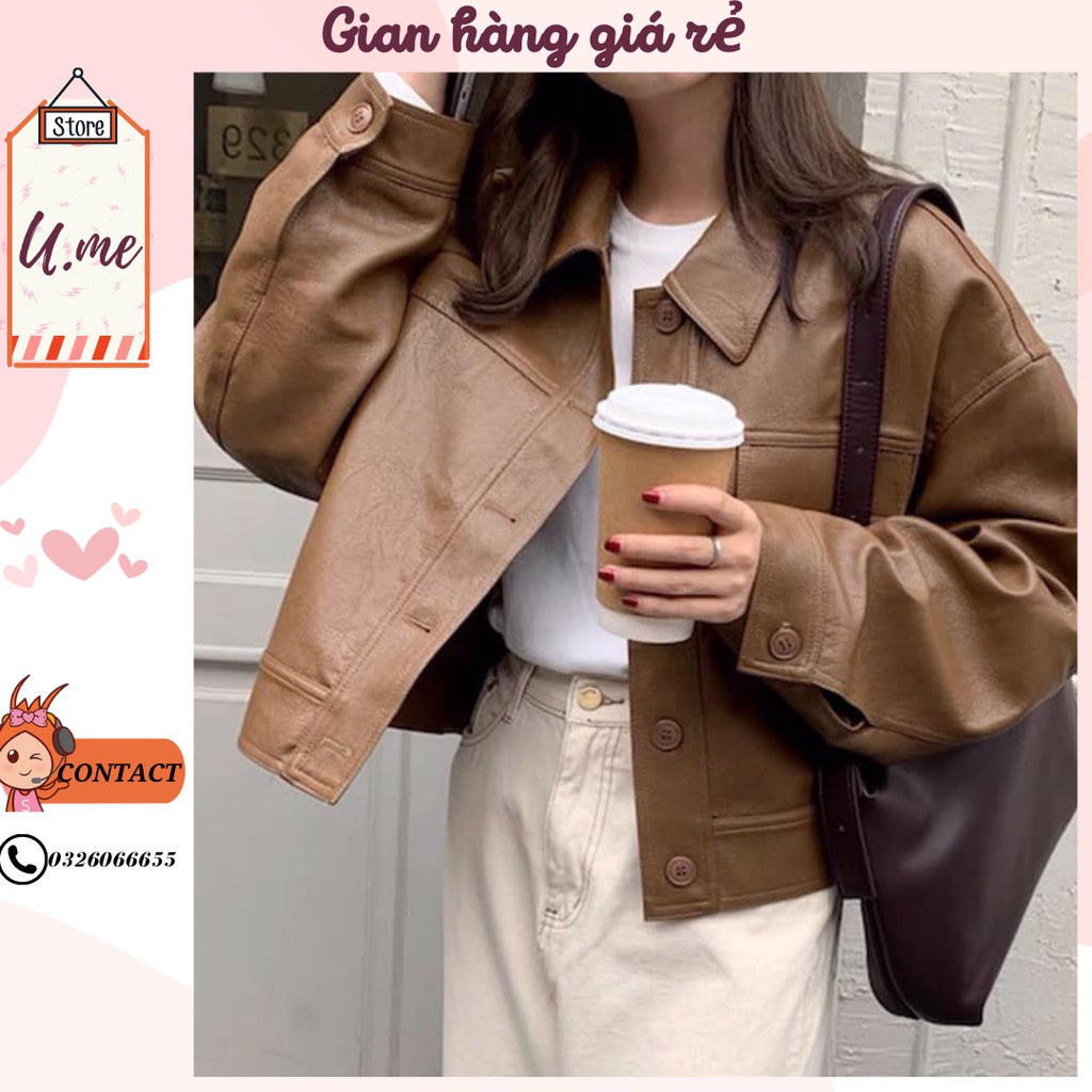 Áo khoác da nữ Croptop xịn 2 lớp 2 màu nâu, đen cổ điển phong cách Hàn xẻng