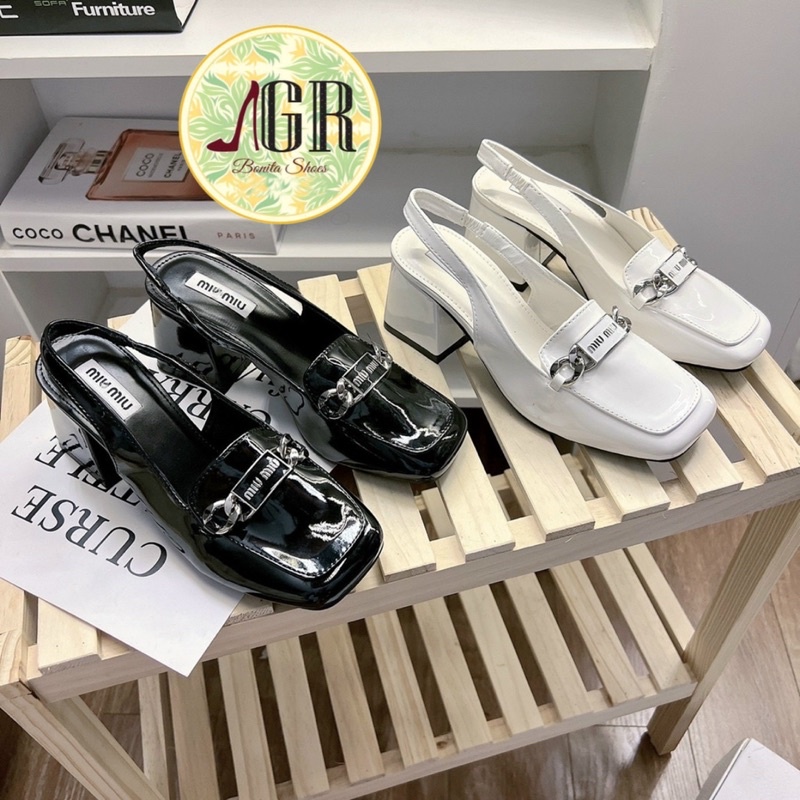 Sandal gót mũi vuông khoá MM gót vuông hh 6 cm