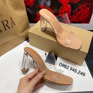 Guốc Zara quai mica 2 màu hồng + trong mềm êm chân, gót 7p và 9p tôn dáng