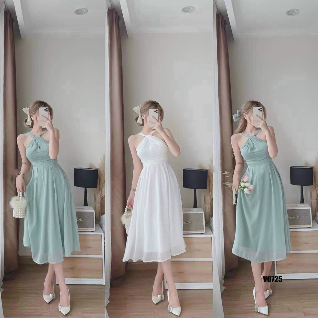 Đầm công chúa dáng dài đi chơi, đầm tiểu thư cổ yếm hở lưng phong cách bánh bèo có mút chuẩn hàn quốc